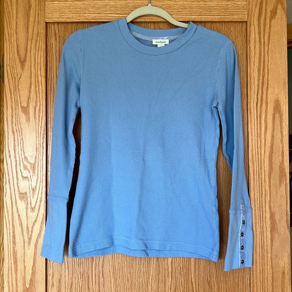Sundance Velvet Trim Crewneck Waffle Thermal Top blue Size S Long Sleeve